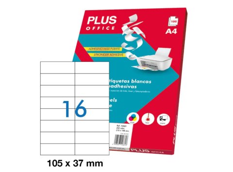 Etiquetas Autoadhesivas Plus Office 105 x 37 mm Cantos Rectos 16 x hoja Caja 100 Hojas