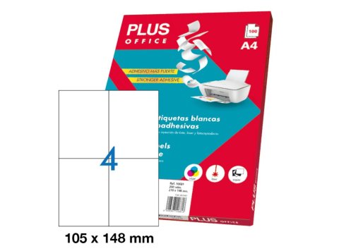 Etiquetas Autoadhesivas Plus Office 105 x 148 mm Cantos Rectos 4 x hoja Caja 100 Hojas