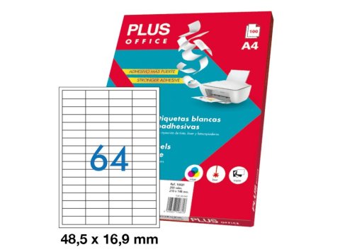 Etiquetas Autoadhesivas Plus Office 48,5 x 16,9 mm Cantos Rectos 64 x hoja Caja 100 Hojas